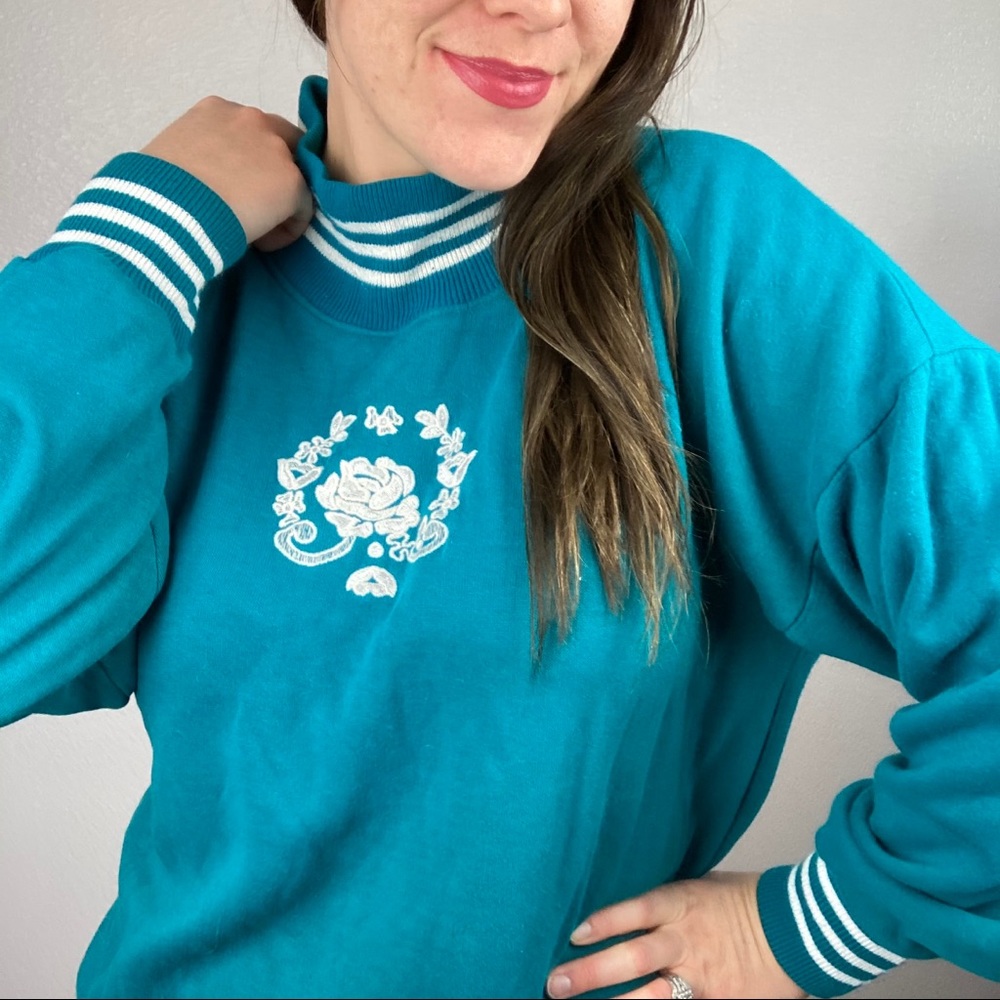 Vintage Appel 1980 1990s Sweater Teal Striped Medium